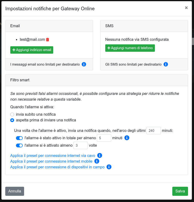 Settings window with debounce options